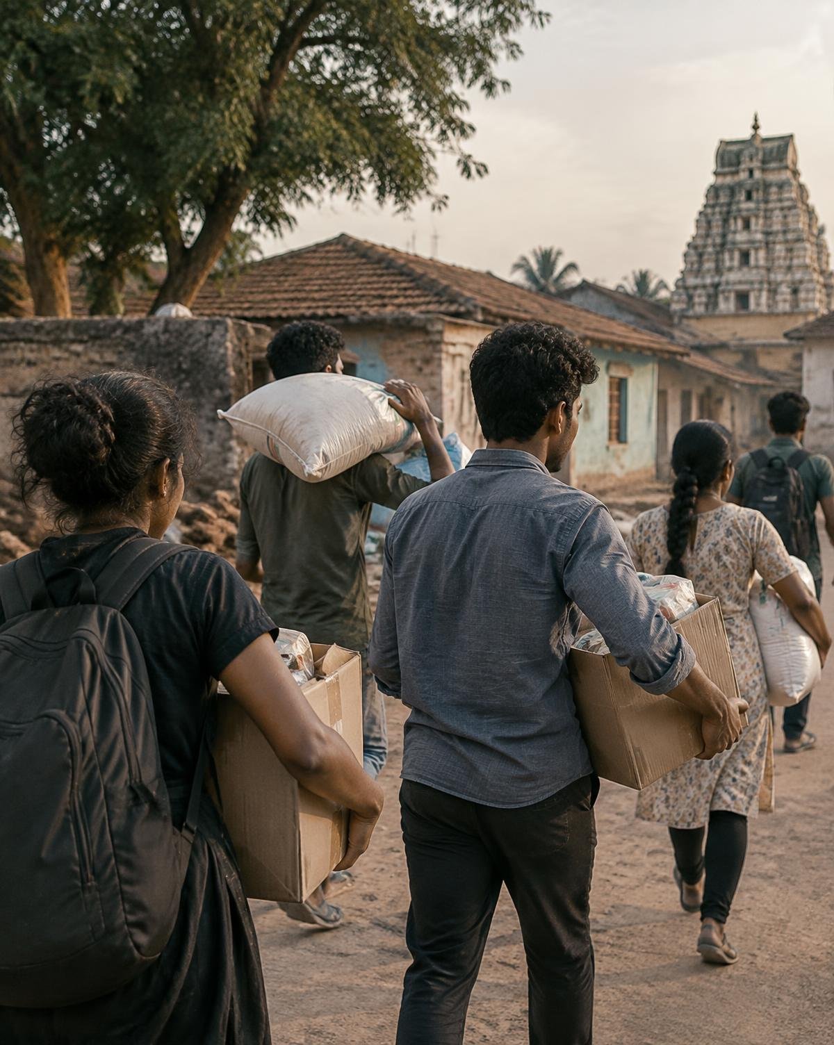 ಹಳ್ಳಿ ಬೀದಿಯಲ್ಲಿ ಸಾಮಗ್ರಿ ಹೊತ್ತು ಸಾಗುತ್ತಿರುವ ಯುವ ಸ್ವಯಂಸೇವಕರು (ಸಾಂಕೇತಿಕ ಚಿತ್ರ)